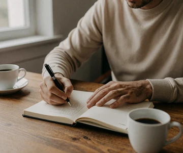 Man writing in a notebook - male body confidence essay