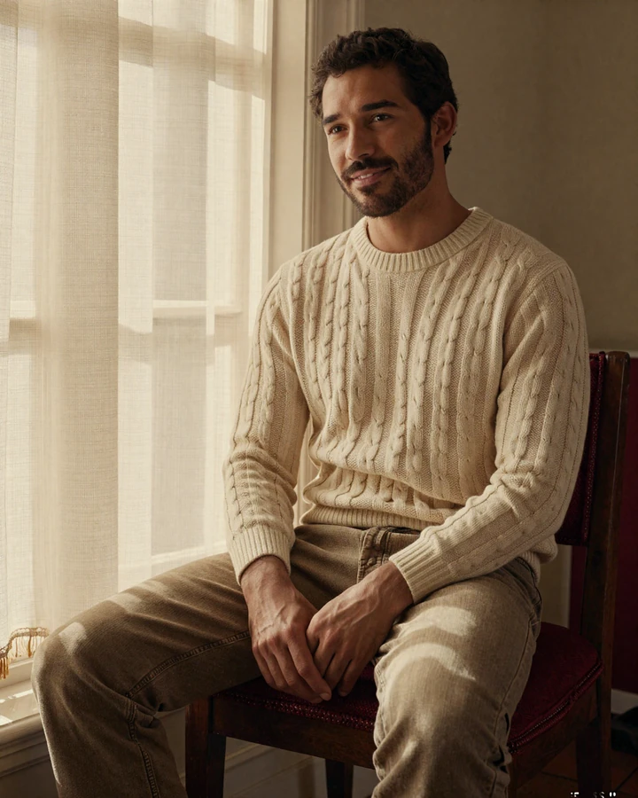 Man in cream sweater sitting by window - cover story portrait for small penis dating identity section