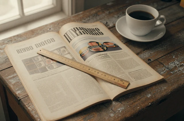 Vintage magazine spread with ruler and coffee cup on wooden desk - companion essay on size research