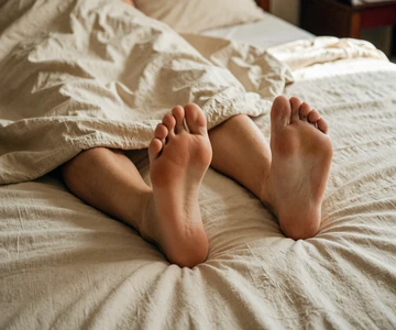 Bare feet under linen sheets - intimate small penis sex and compatibility