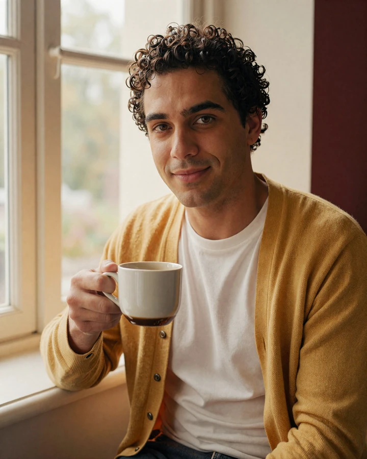 Warm editorial portrait of a man holding a coffee mug by a window - the cover subject for our small penis dating magazine issue