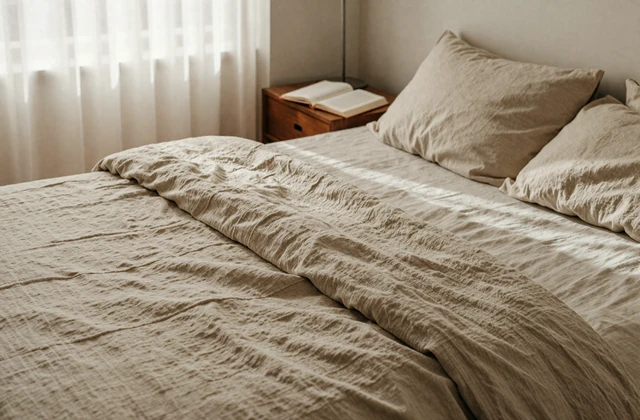 Quiet bedroom with linen sheets and open book in soft morning light - companion essay on intimacy anxiety