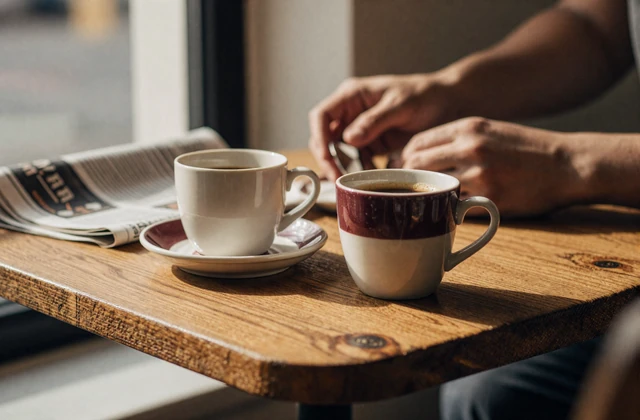 Two coffee cups and a folded newspaper on a golden-hour cafe table - companion essay on first dates