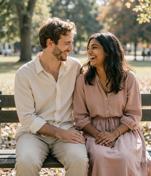 Warm grainy photo of a couple laughing at a kitchen table - small penis dating success story cover